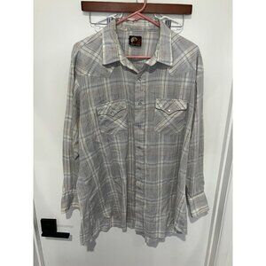 Open Range Men's Vintage Snap Button Down Plaid Western Shirt, Gray, Size 18-34